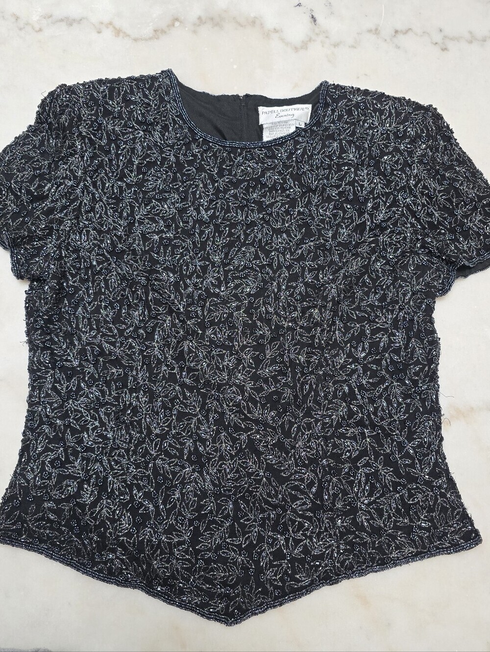 Vintage Papell Boutique Black Short-Sleeve Beaded Leaf Top